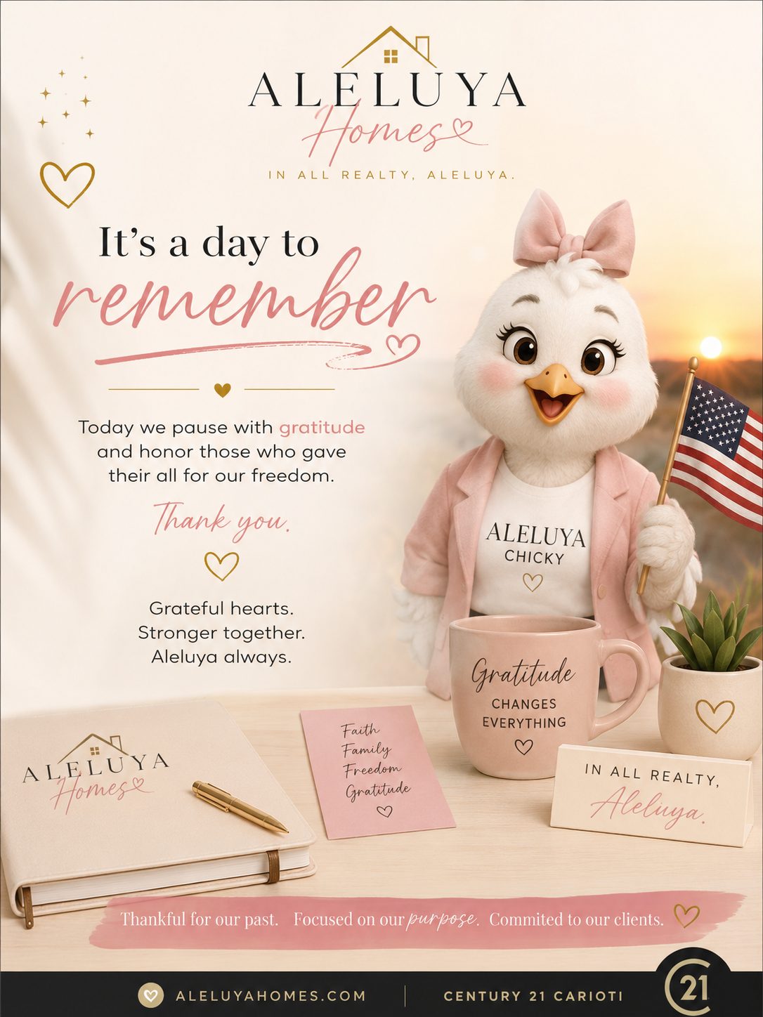 Mrs. Chicky Aleluya patriotic Memorial Day real estate branding graphic for Aleluya Homes featuring gratitude, home, and nest egg symbolism.