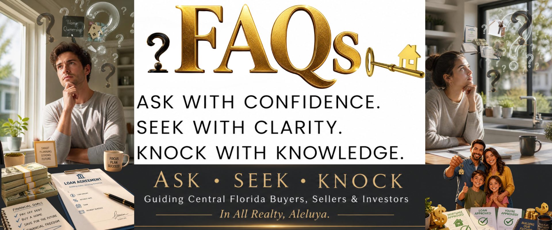 Orlando Real Estate FAQs | Aleluya Homes Orlando Real Estate FAQs hero banner featuring buyers asking questions and Aleluya Homes guidance for buyers, sellers, and investors.