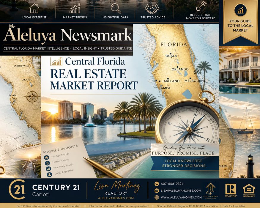 Aleluya Newsmark™ Central Florida Real Estate Market Report cover featuring a Florida map, Orlando skyline, compass, market insights, and branding by Lisa Martinez, REALTOR® with CENTURY 21 Carioti.