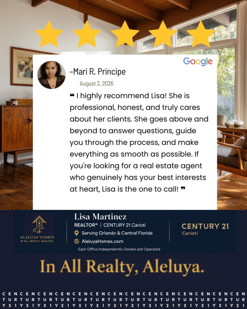 Five-star Google review from Mari Rivera Principe recommending Lisa Martinez REALTOR® for professionalism, honesty, guidance, and exceptional client service.